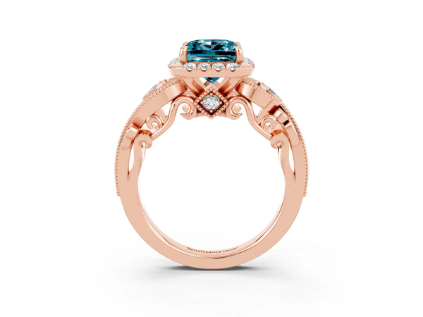 Rose gold Princess Cut Blue Topaz Halo Ring with Milgrain Pavé Band and Four-Prong Setting