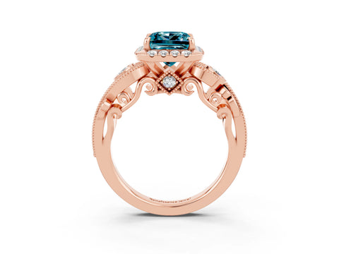 Rose gold Princess Cut Blue Topaz Halo Ring with Milgrain Pavé Band and Four-Prong Setting_15