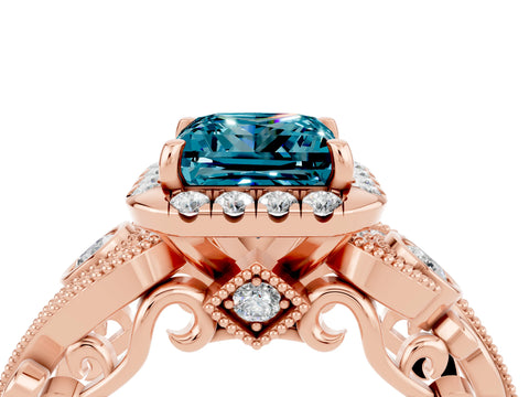 Rose gold Princess Cut Blue Topaz Halo Ring with Milgrain Pavé Band and Four-Prong Setting_16