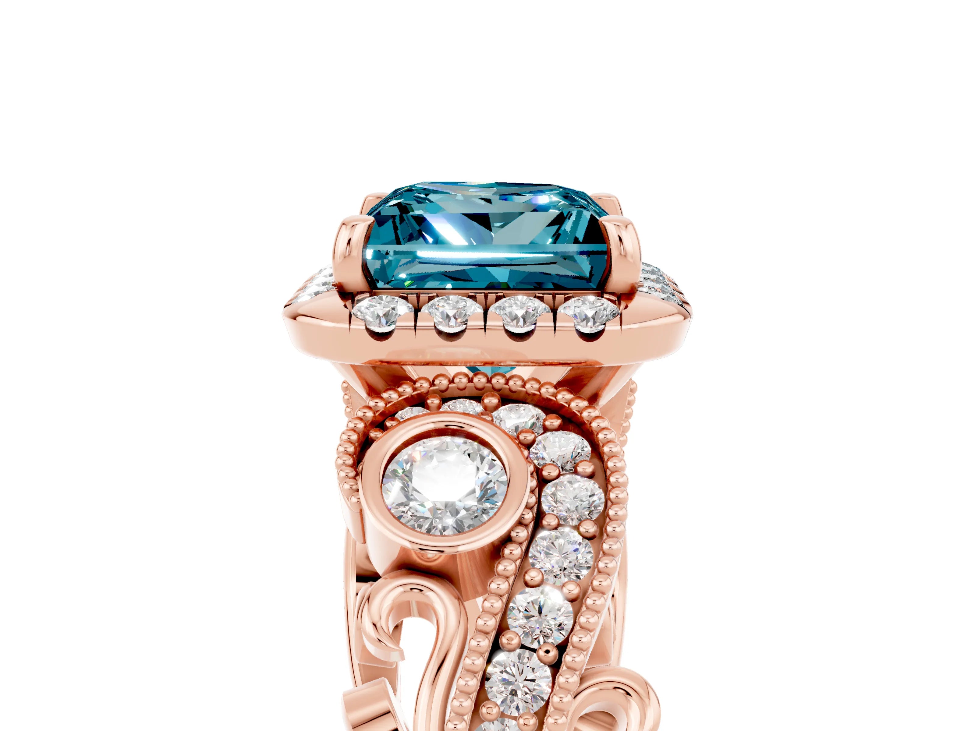 Rose gold Princess Cut Blue Topaz Halo Ring with Milgrain Pavé Band and Four-Prong Setting_17