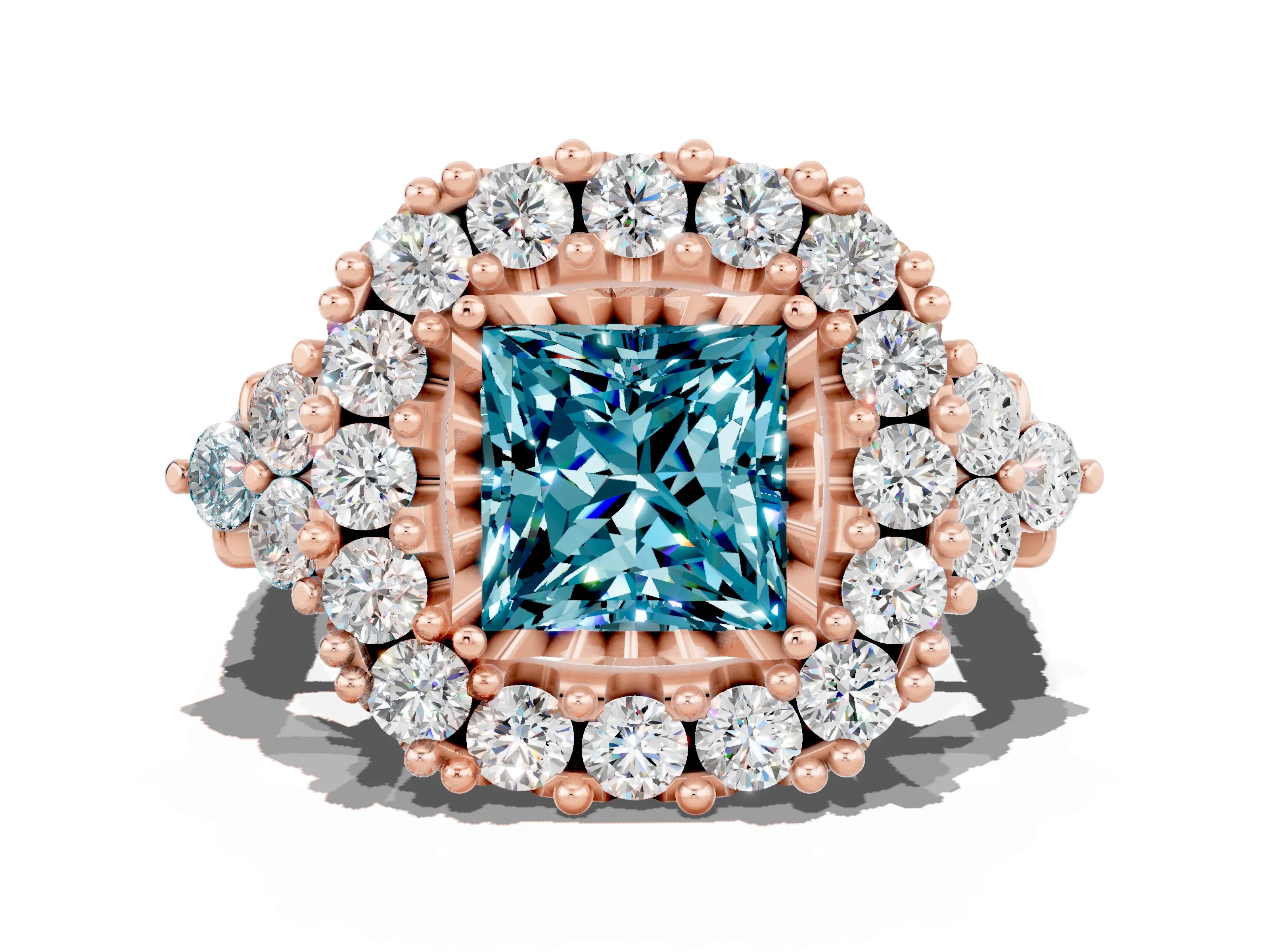 Rose gold Princess Cut Blue Topaz Halo Ring with Pavé Band and Four-Prong Setting_12