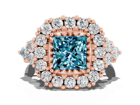 Rose gold Princess Cut Blue Topaz Halo Ring with Pavé Band and Four-Prong Setting_12