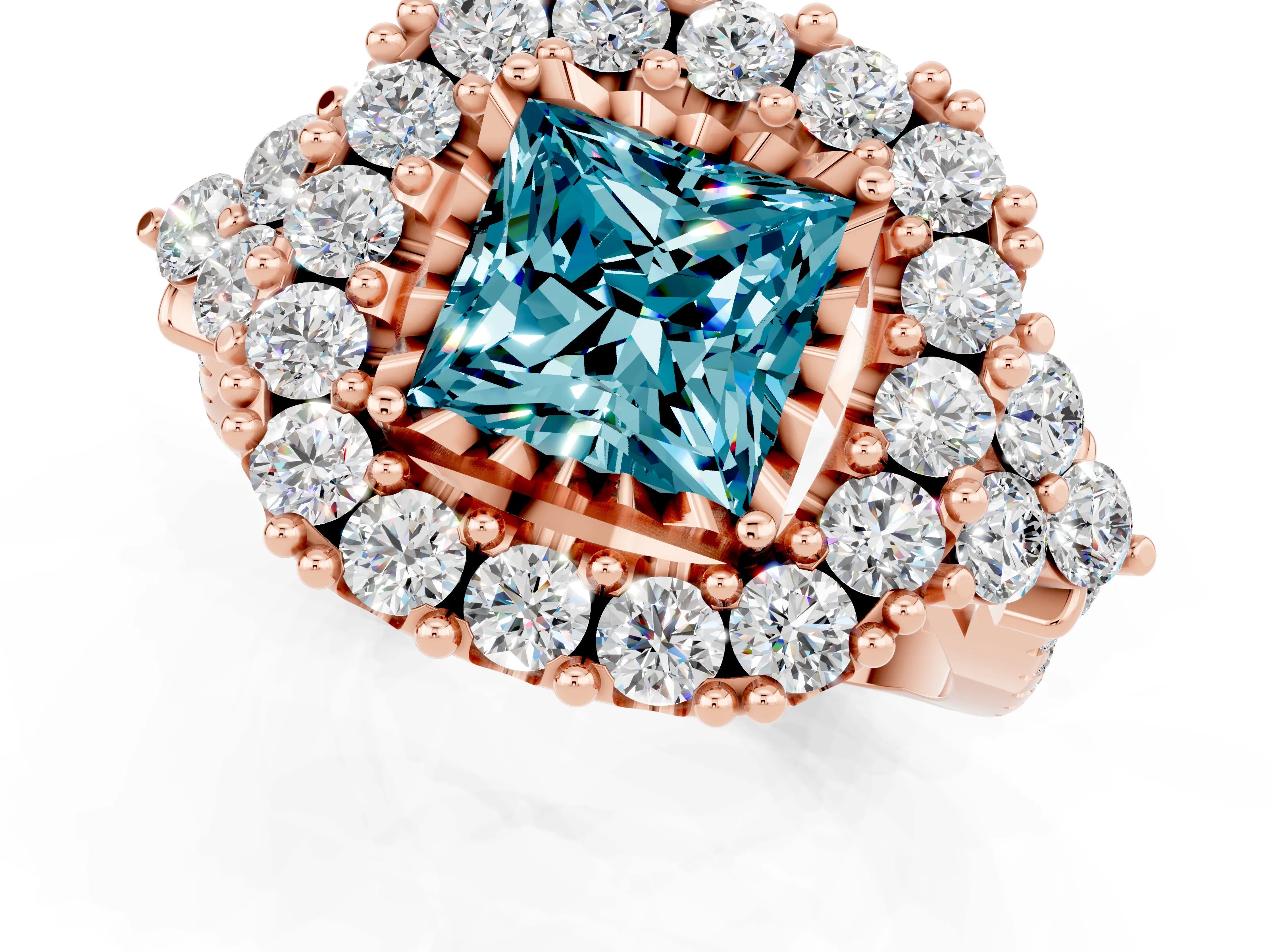 Rose gold Princess Cut Blue Topaz Halo Ring with Pavé Band and Four-Prong Setting_13