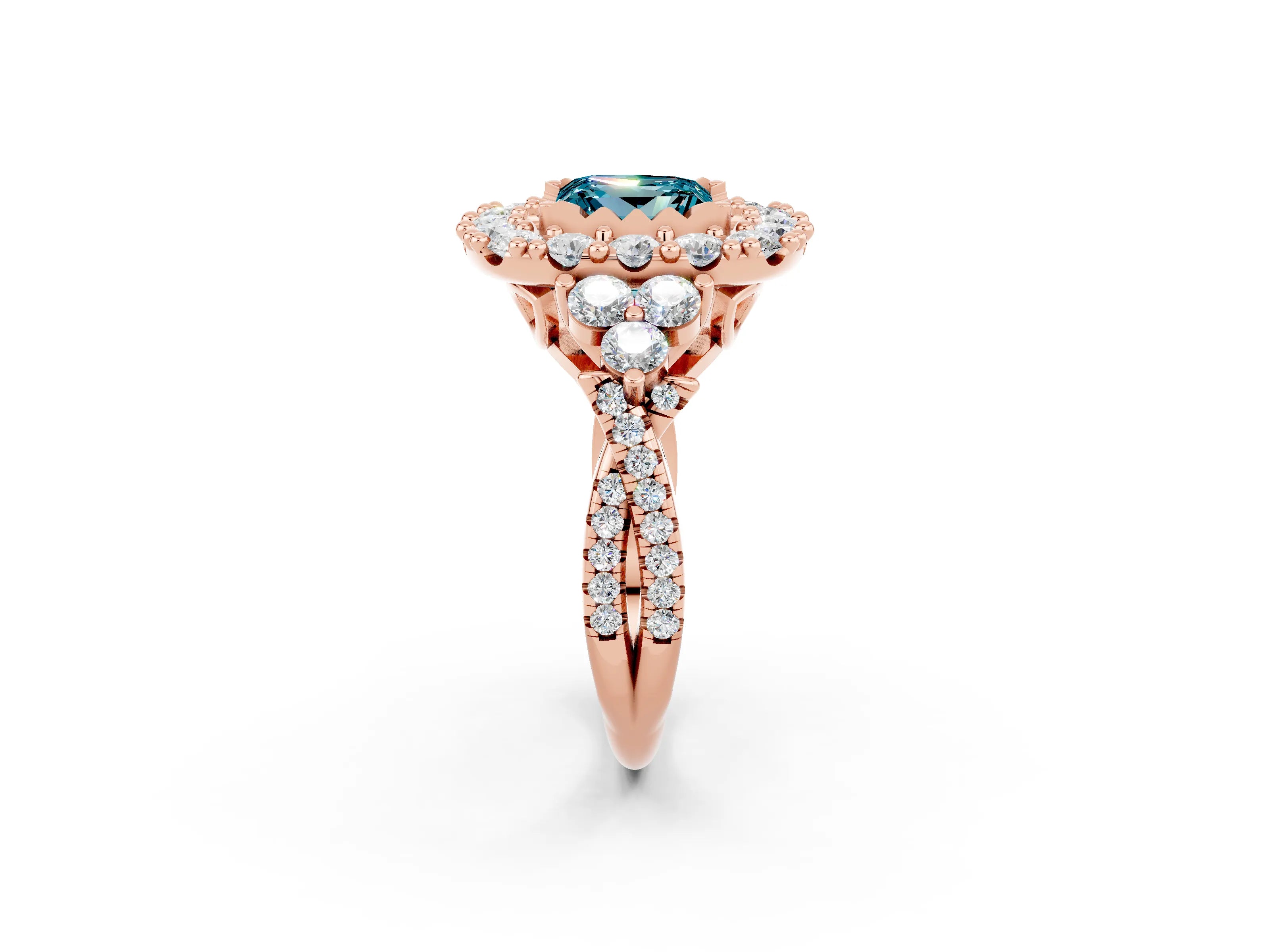 Rose gold Princess Cut Blue Topaz Halo Ring with Pavé Band and Four-Prong Setting_14