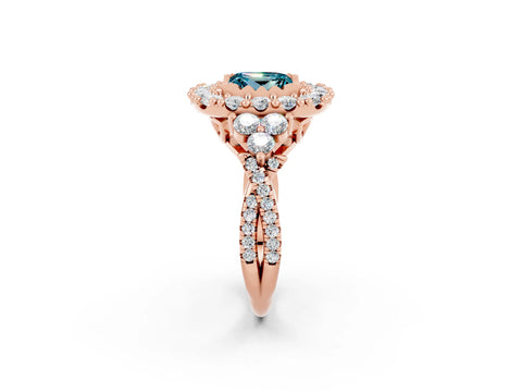 Rose gold Princess Cut Blue Topaz Halo Ring with Pavé Band and Four-Prong Setting_14