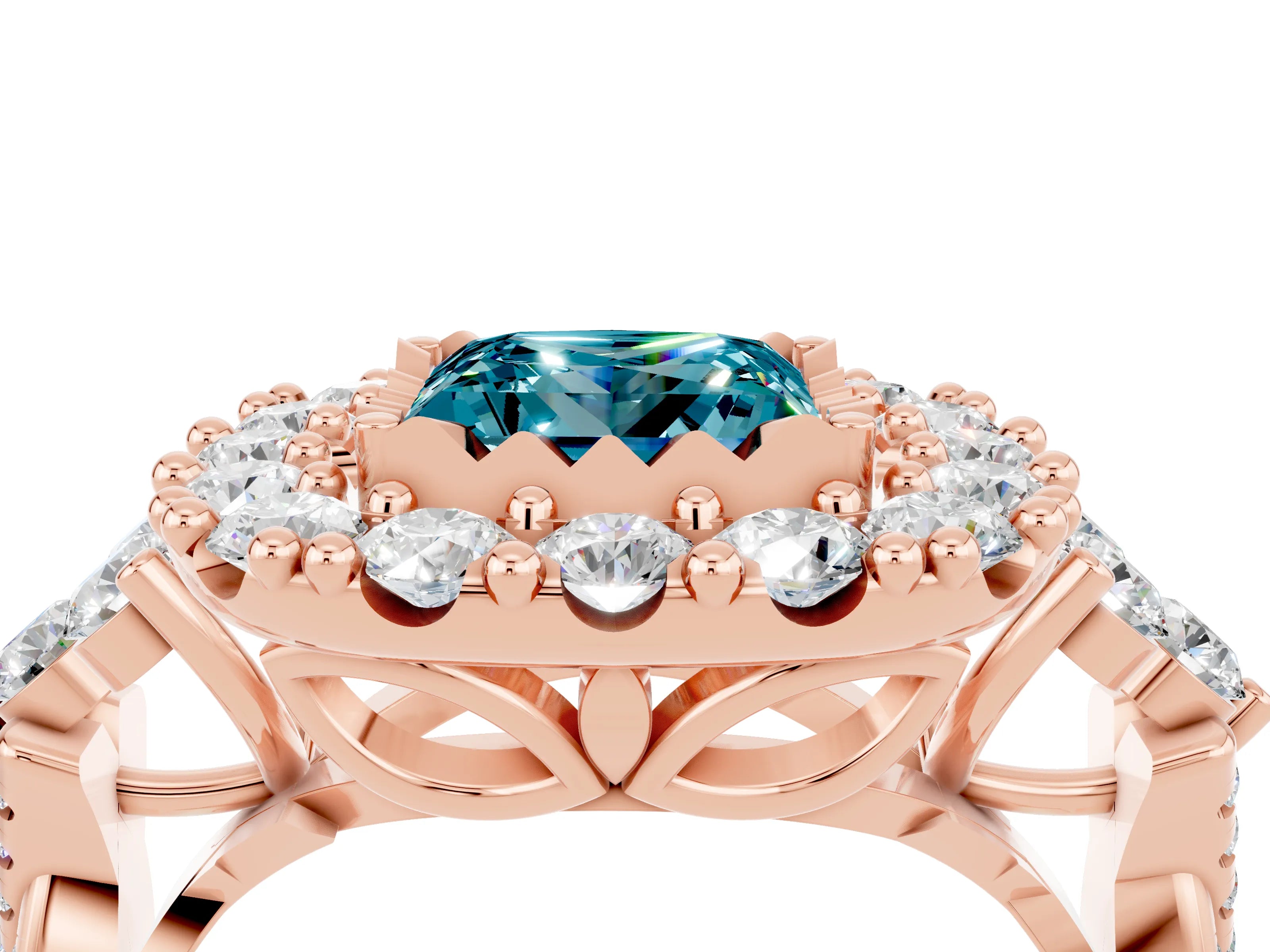 Rose gold Princess Cut Blue Topaz Halo Ring with Pavé Band and Four-Prong Setting_16
