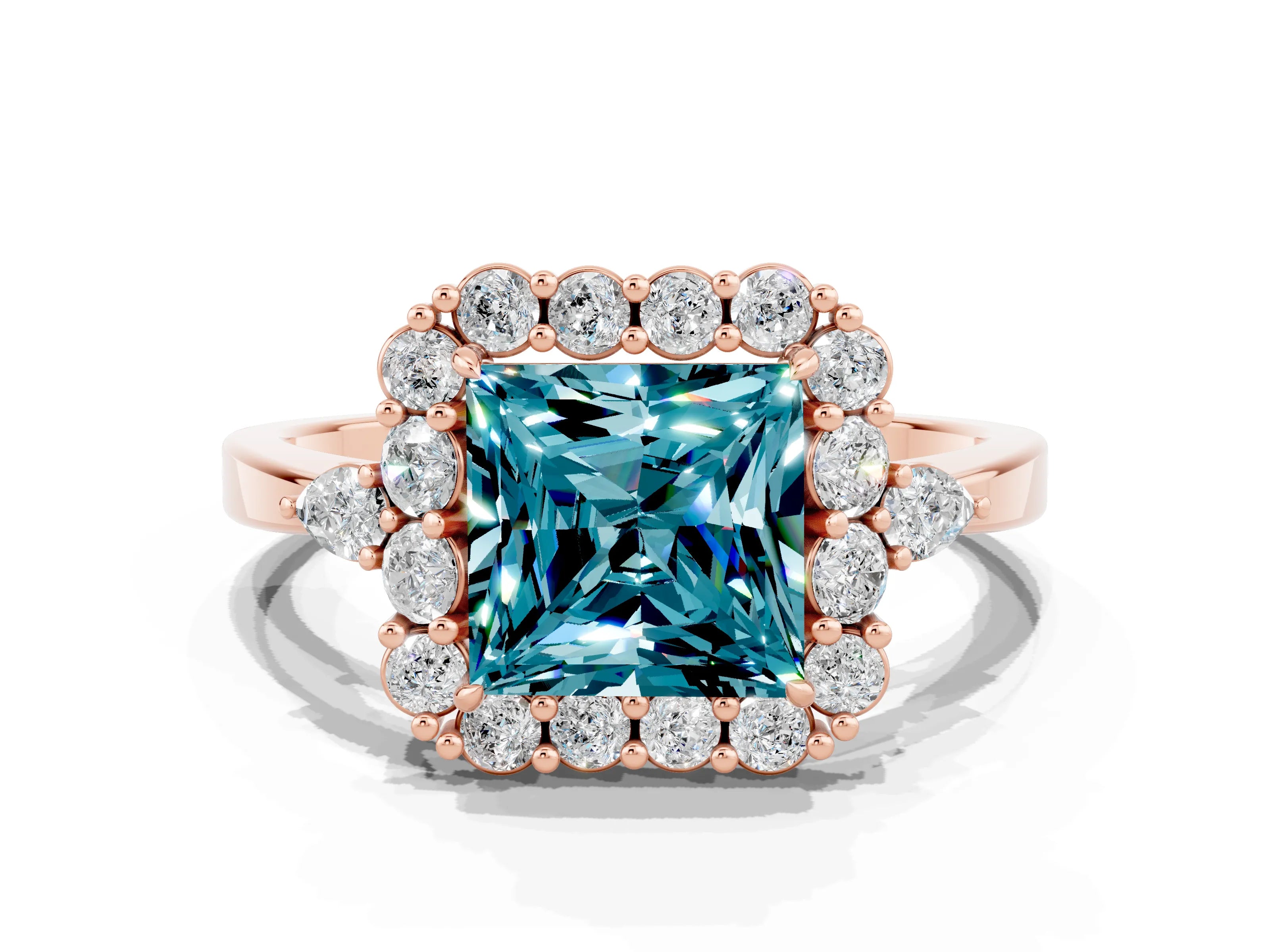 Rose gold Princess Cut Blue Topaz Halo Ring with Pear Side Stones and Prong Setting_12