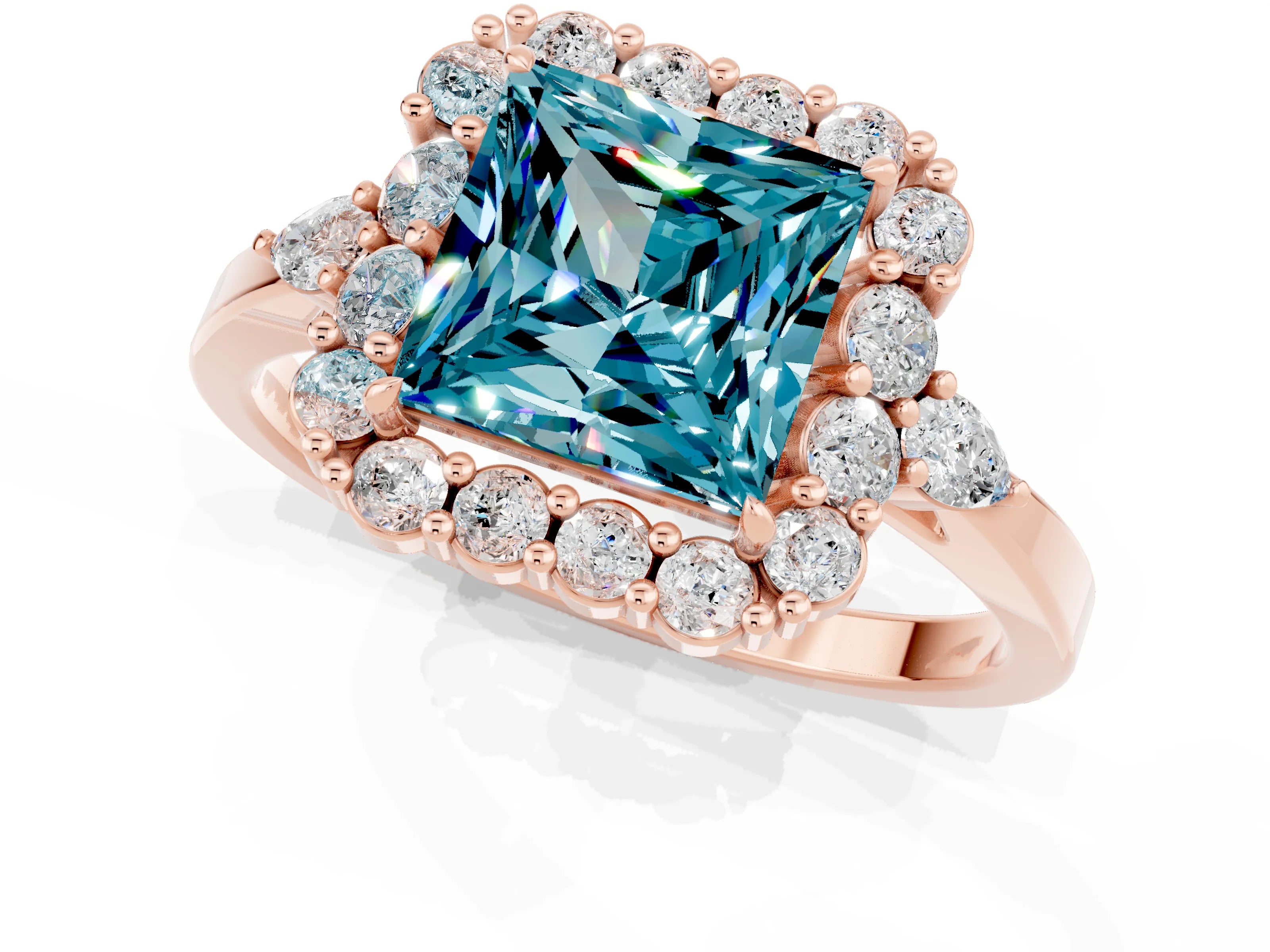Rose gold Princess Cut Blue Topaz Halo Ring with Pear Side Stones and Prong Setting_13