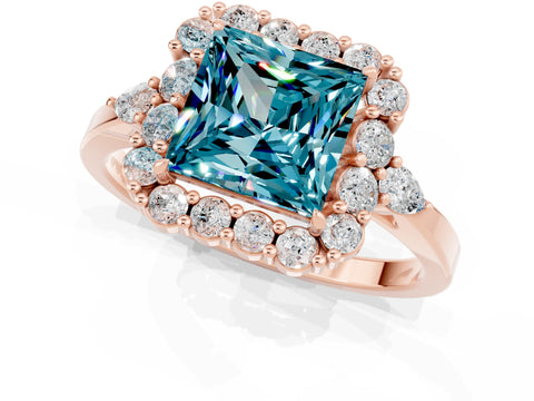 Rose gold Princess Cut Blue Topaz Halo Ring with Pear Side Stones and Prong Setting_13