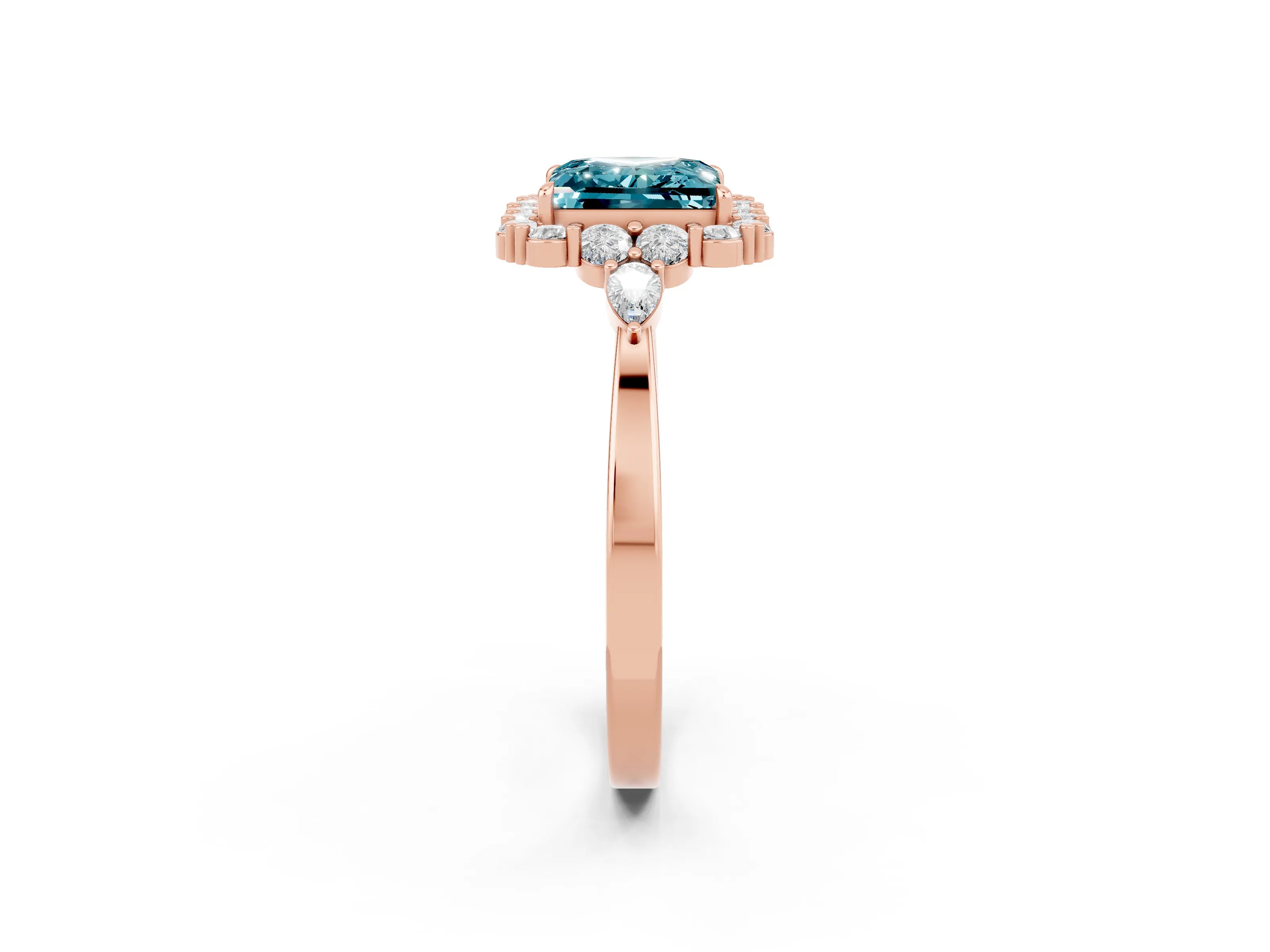 Rose gold Princess Cut Blue Topaz Halo Ring with Pear Side Stones and Prong Setting_14