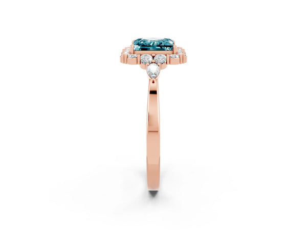 Rose gold Princess Cut Blue Topaz Halo Ring with Pear Side Stones and Prong Setting