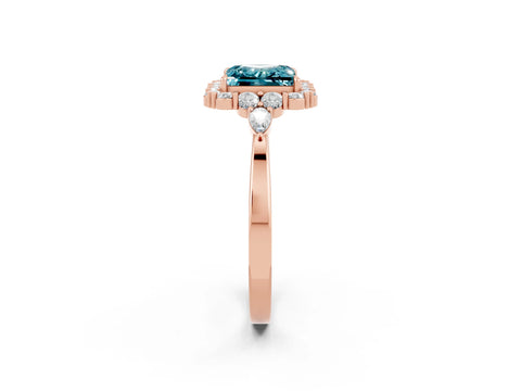 Rose gold Princess Cut Blue Topaz Halo Ring with Pear Side Stones and Prong Setting_14