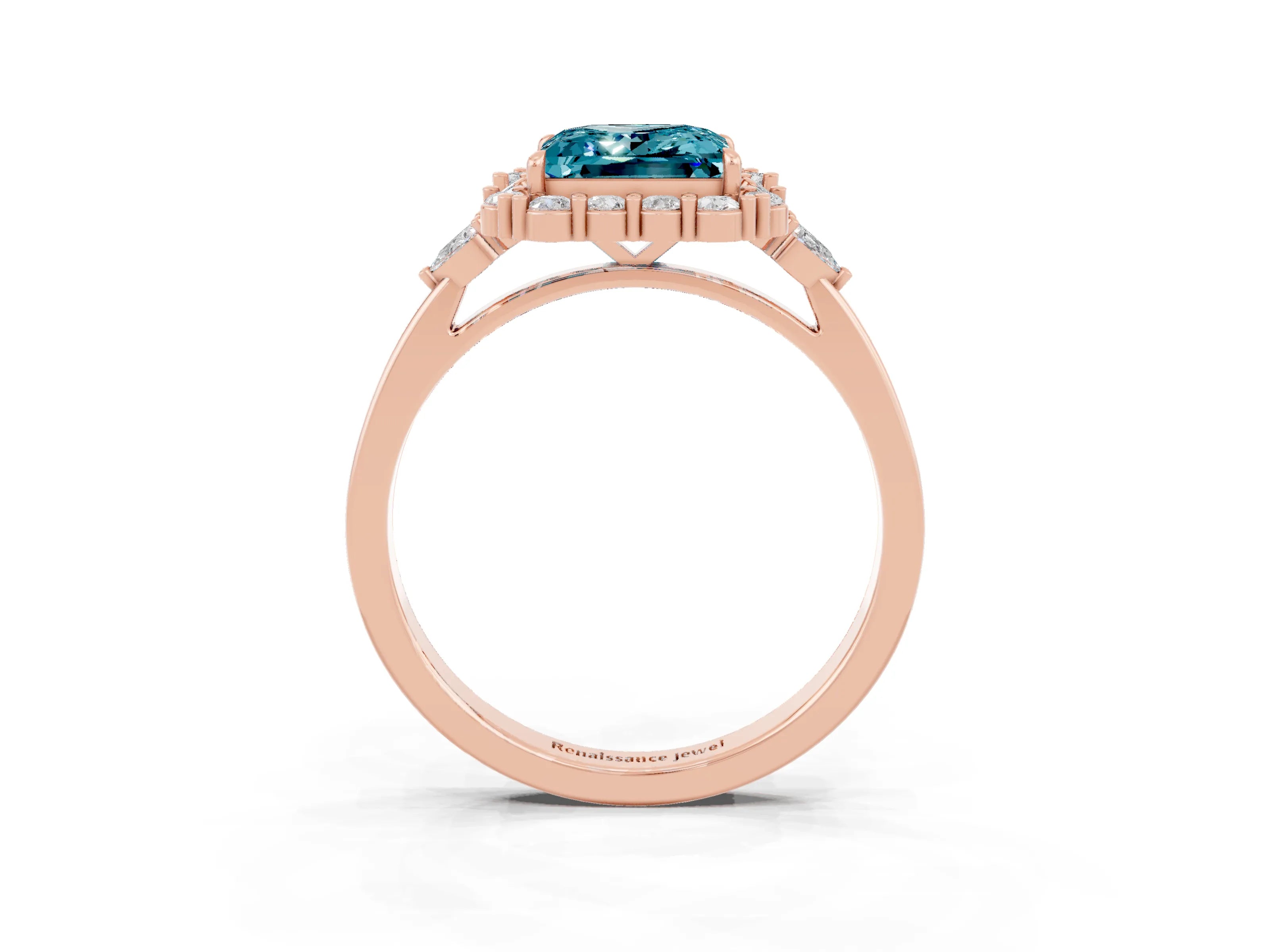 Rose gold Princess Cut Blue Topaz Halo Ring with Pear Side Stones and Prong Setting_15