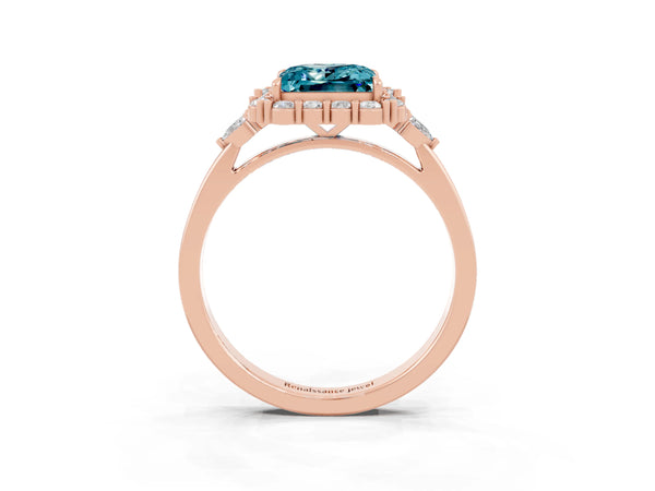 Rose gold Princess Cut Blue Topaz Halo Ring with Pear Side Stones and Prong Setting