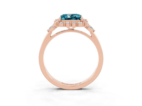 Rose gold Princess Cut Blue Topaz Halo Ring with Pear Side Stones and Prong Setting_15
