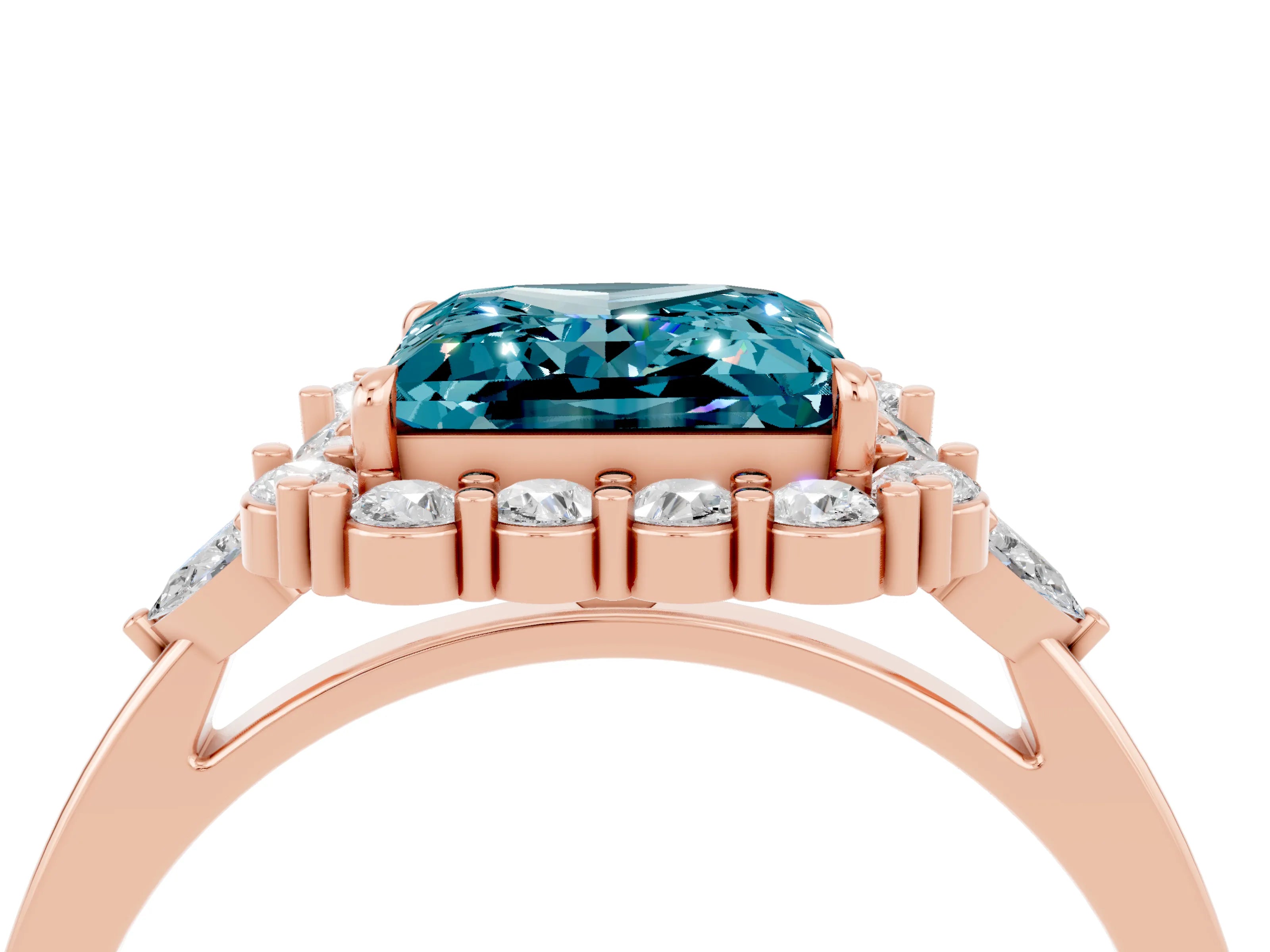 Rose gold Princess Cut Blue Topaz Halo Ring with Pear Side Stones and Prong Setting_16