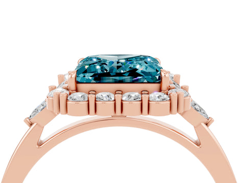Rose gold Princess Cut Blue Topaz Halo Ring with Pear Side Stones and Prong Setting_16