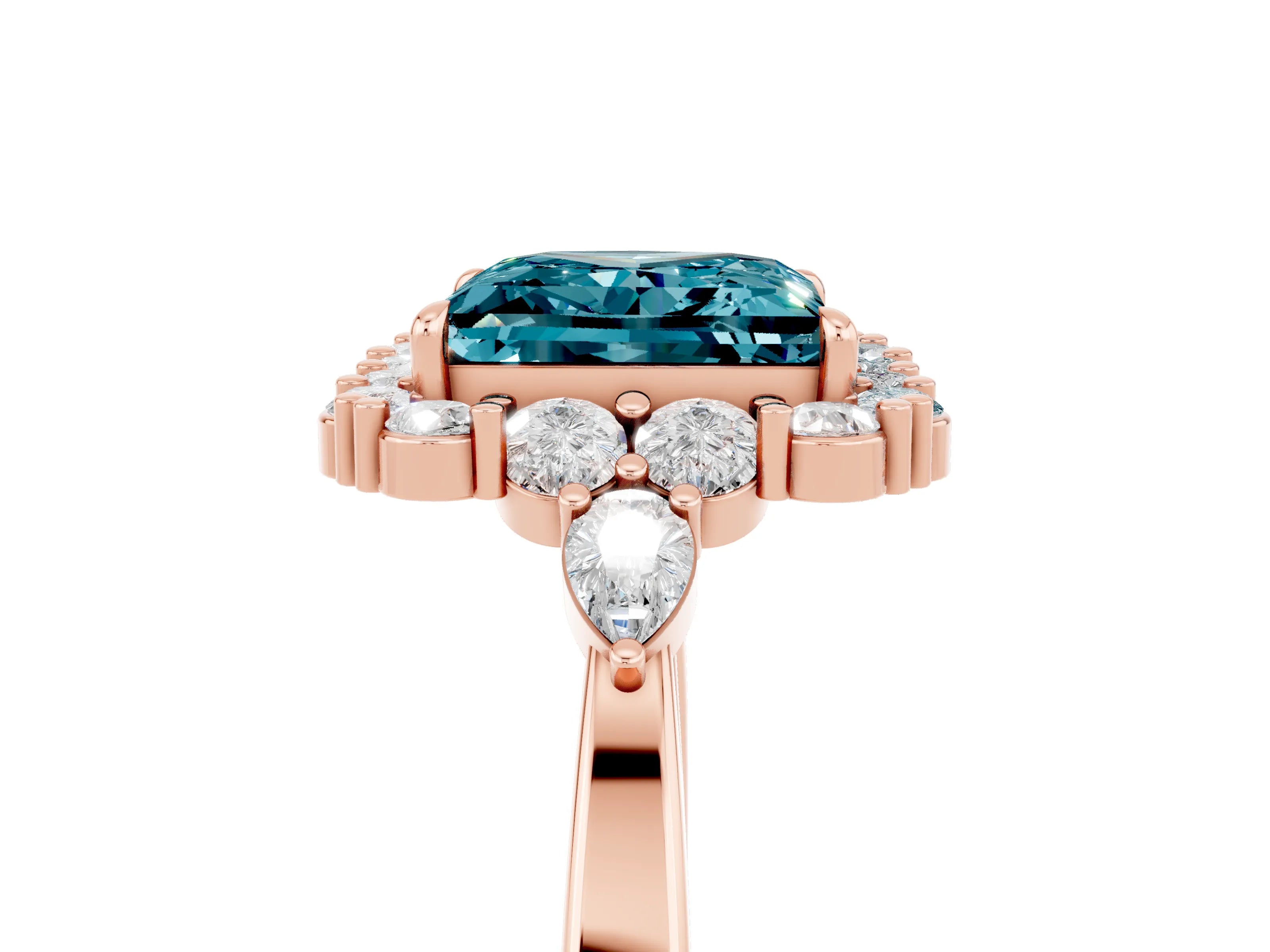 Rose gold Princess Cut Blue Topaz Halo Ring with Pear Side Stones and Prong Setting_17