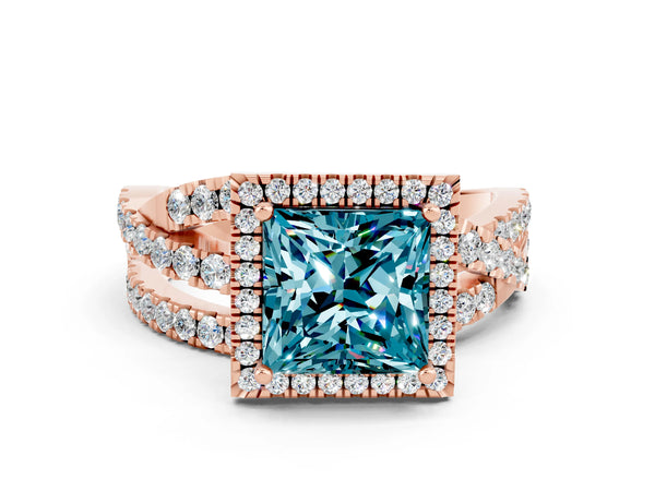 Rose gold Princess Cut Blue Topaz Halo Ring with Round Split Shank and Prong Setting
