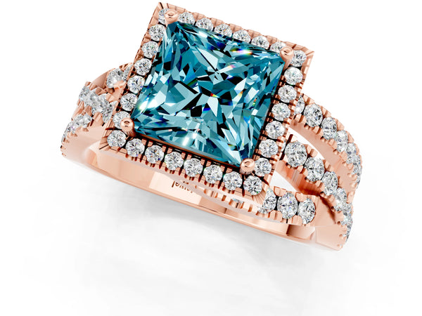 Rose gold Princess Cut Blue Topaz Halo Ring with Round Split Shank and Prong Setting