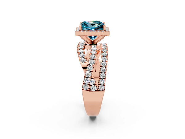 Rose gold Princess Cut Blue Topaz Halo Ring with Round Split Shank and Prong Setting