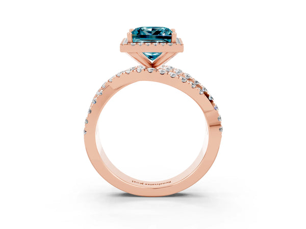 Rose gold Princess Cut Blue Topaz Halo Ring with Round Split Shank and Prong Setting
