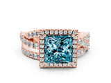 Rose gold Princess Cut Blue Topaz Halo Ring with Round Split Shank and Prong Setting_48