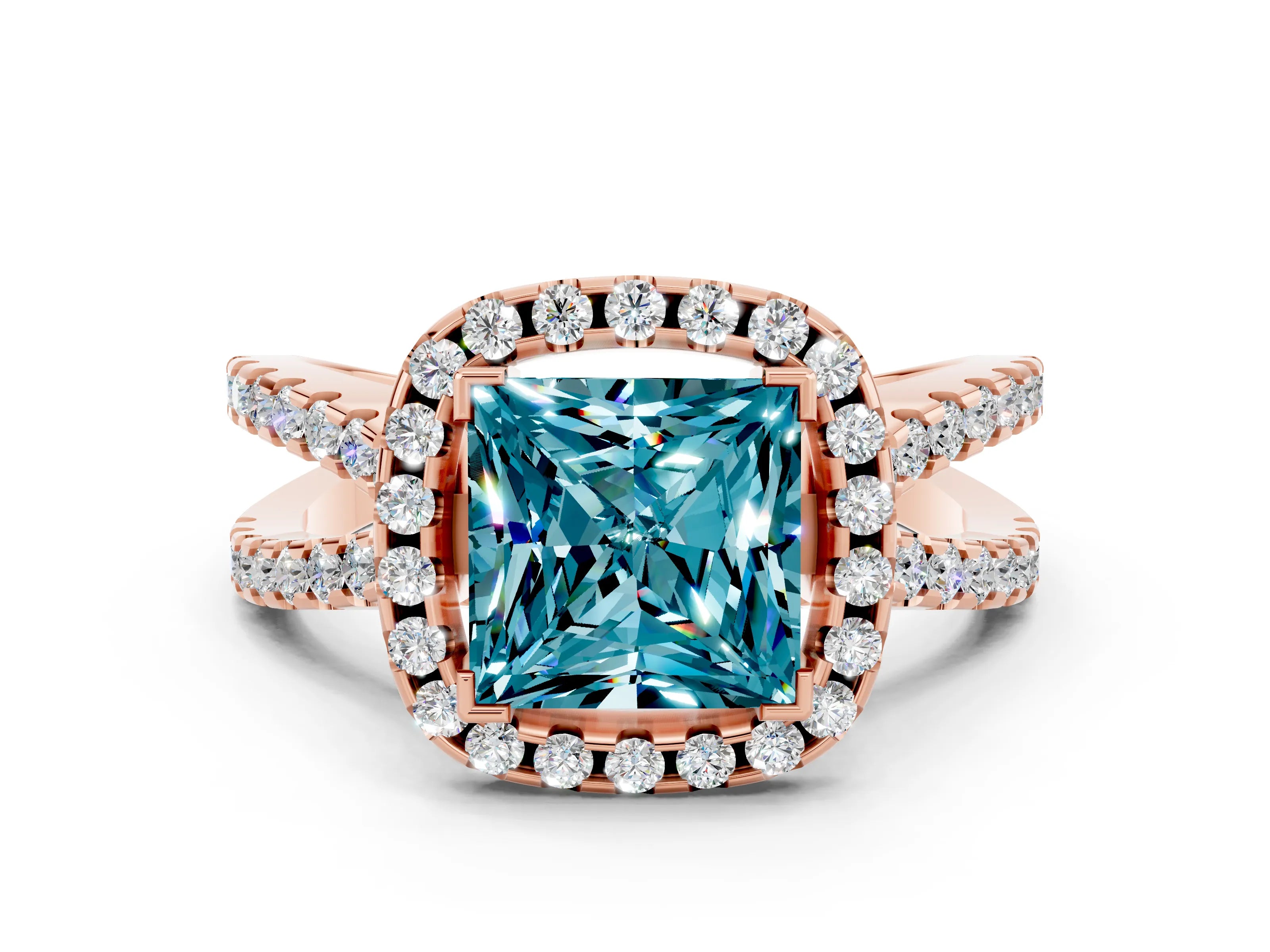 Rose gold Princess Cut Blue Topaz Halo Ring with Split Shank Pavé Band and Prong Setting
