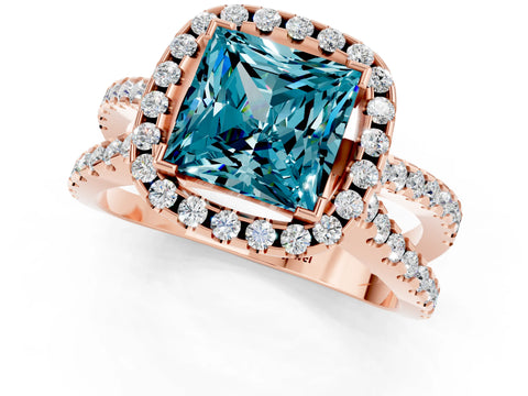 Rose gold Princess Cut Blue Topaz Halo Ring with Split Shank Pavé Band and Prong Setting_1