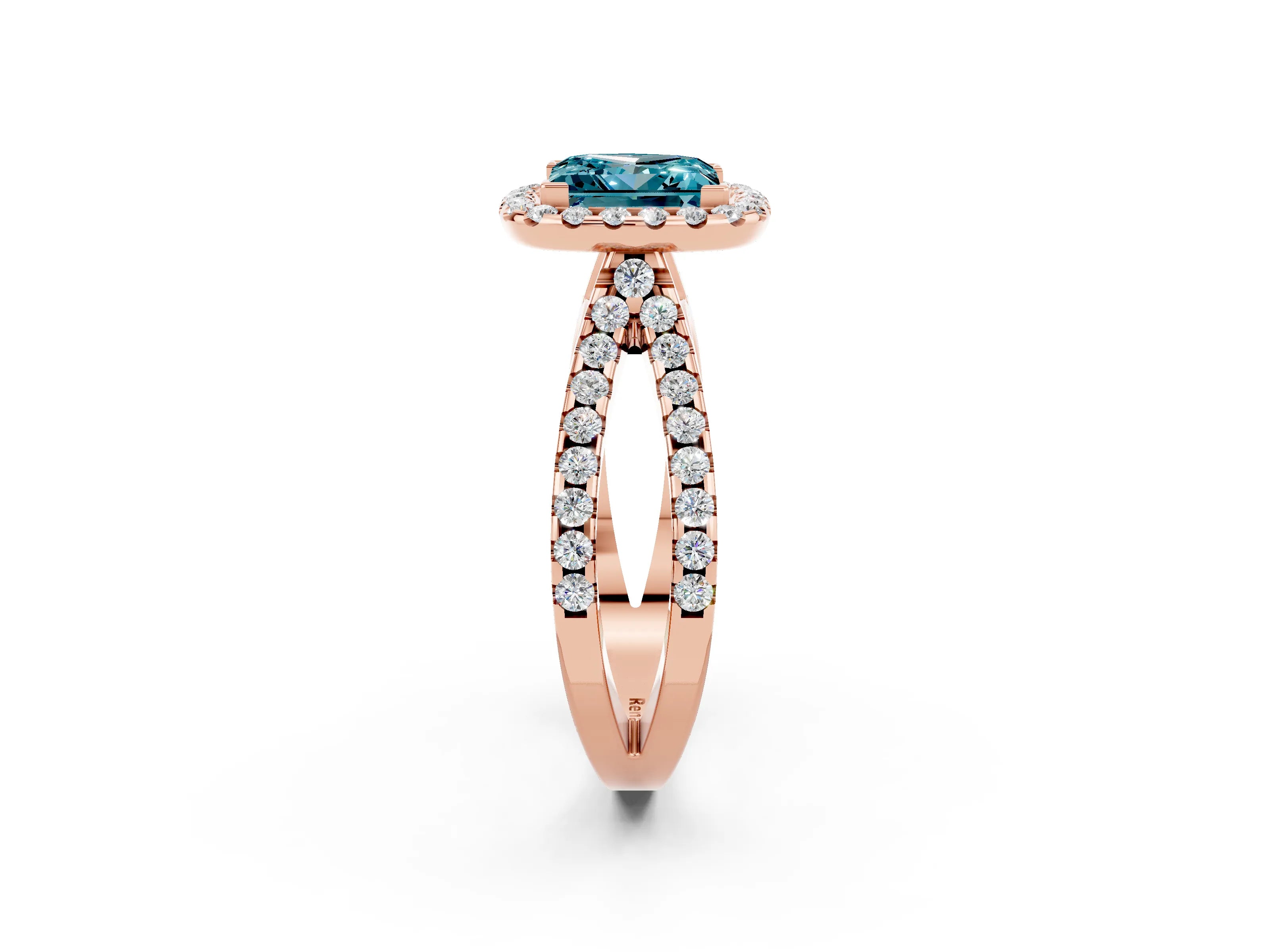 Rose gold Princess Cut Blue Topaz Halo Ring with Split Shank Pavé Band and Prong Setting_2