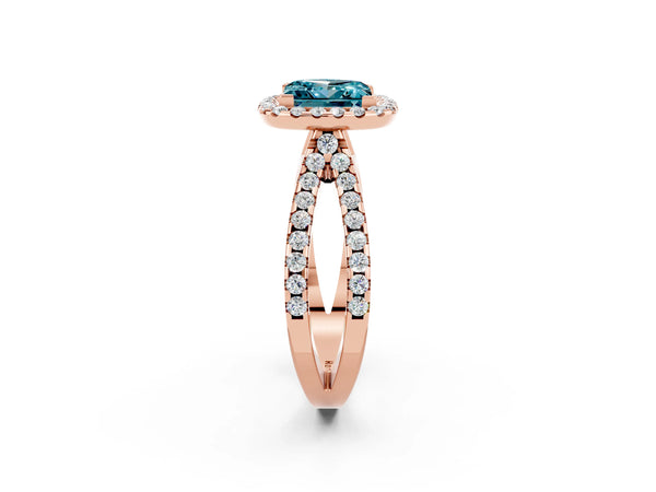 Rose gold Princess Cut Blue Topaz Halo Ring with Split Shank Pavé Band and Prong Setting