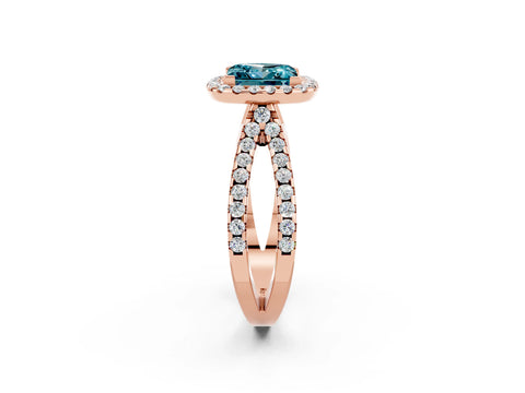 Rose gold Princess Cut Blue Topaz Halo Ring with Split Shank Pavé Band and Prong Setting_2