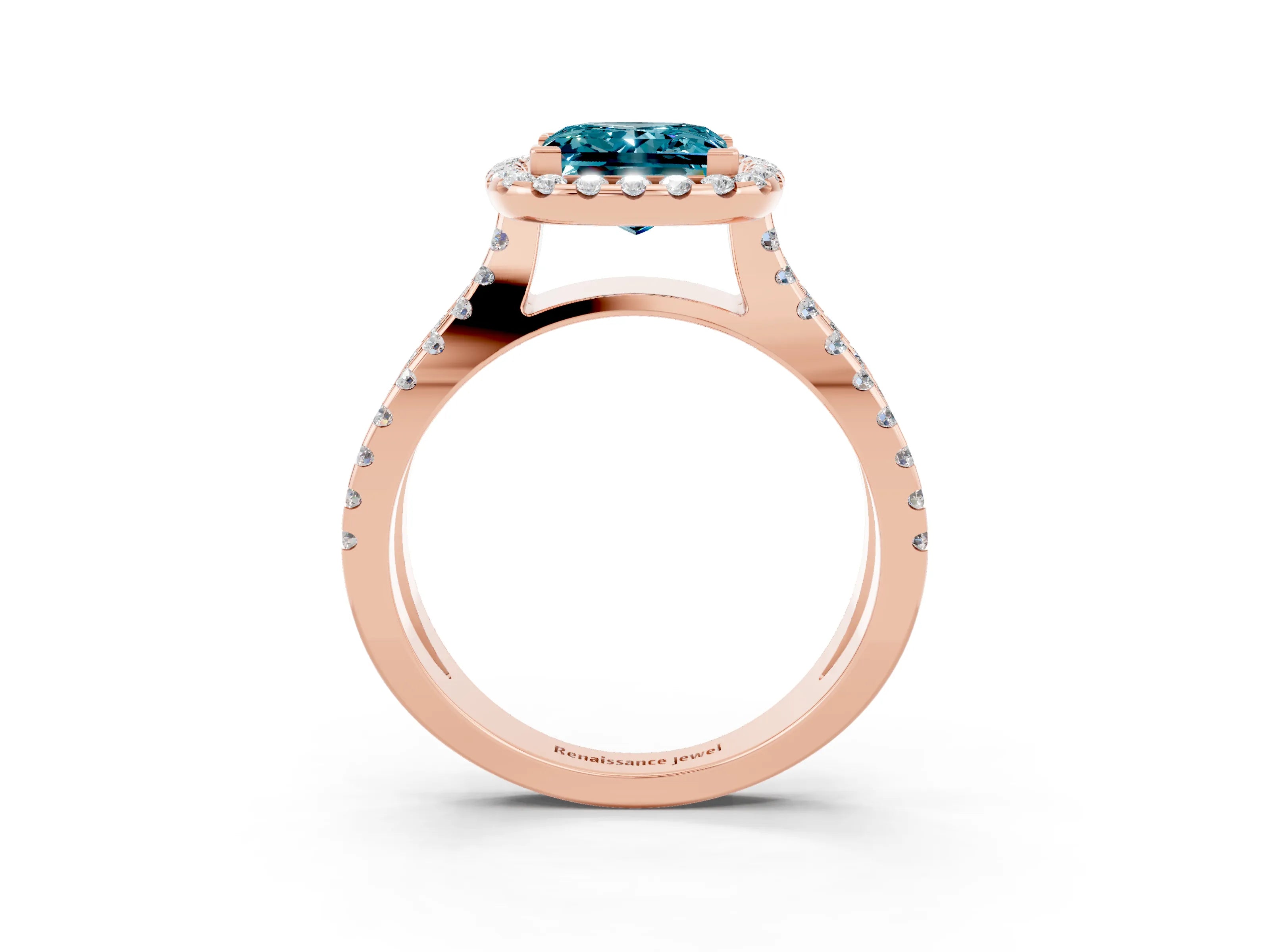 Rose gold Princess Cut Blue Topaz Halo Ring with Split Shank Pavé Band and Prong Setting_3