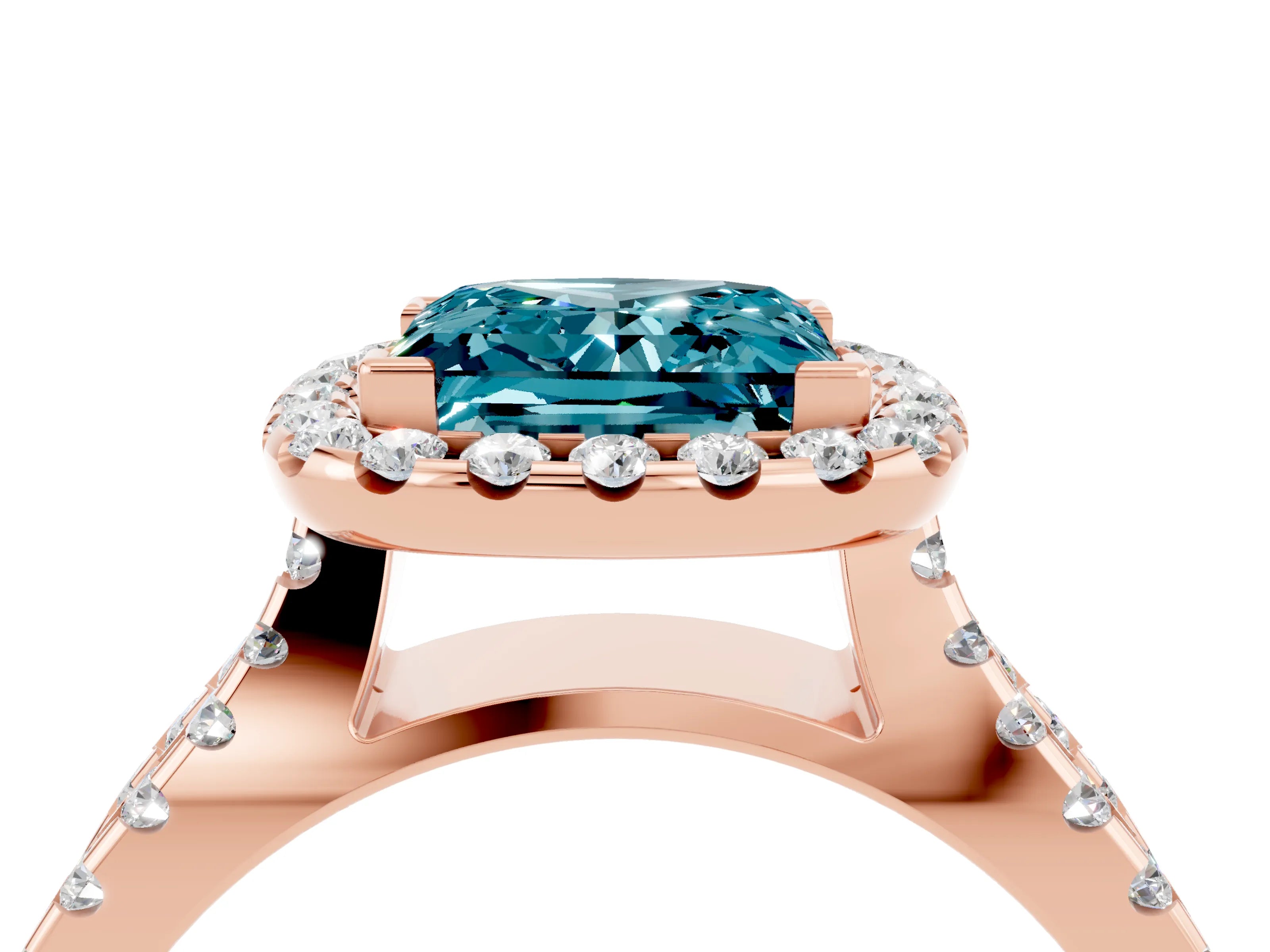 Rose gold Princess Cut Blue Topaz Halo Ring with Split Shank Pavé Band and Prong Setting_4