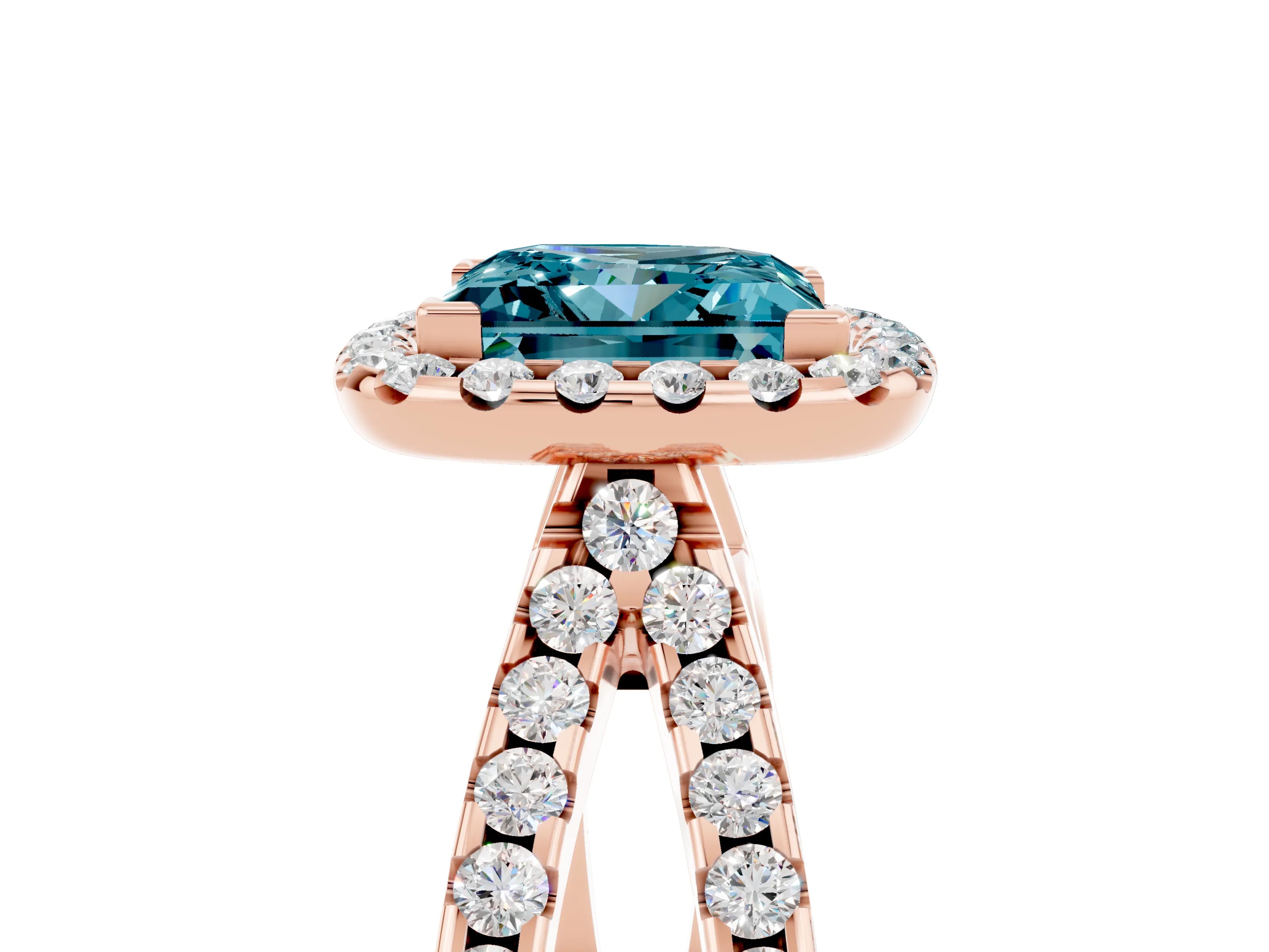 Rose gold Princess Cut Blue Topaz Halo Ring with Split Shank Pavé Band and Prong Setting_5