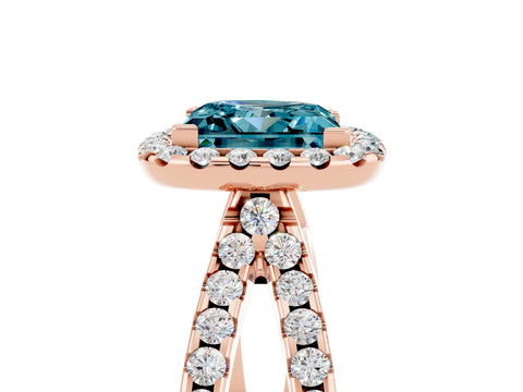 Rose gold Princess Cut Blue Topaz Halo Ring with Split Shank Pavé Band and Prong Setting_5