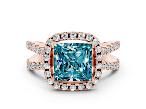 Rose gold Princess Cut Blue Topaz Halo Ring with Split Shank Pavé Band and Prong Setting