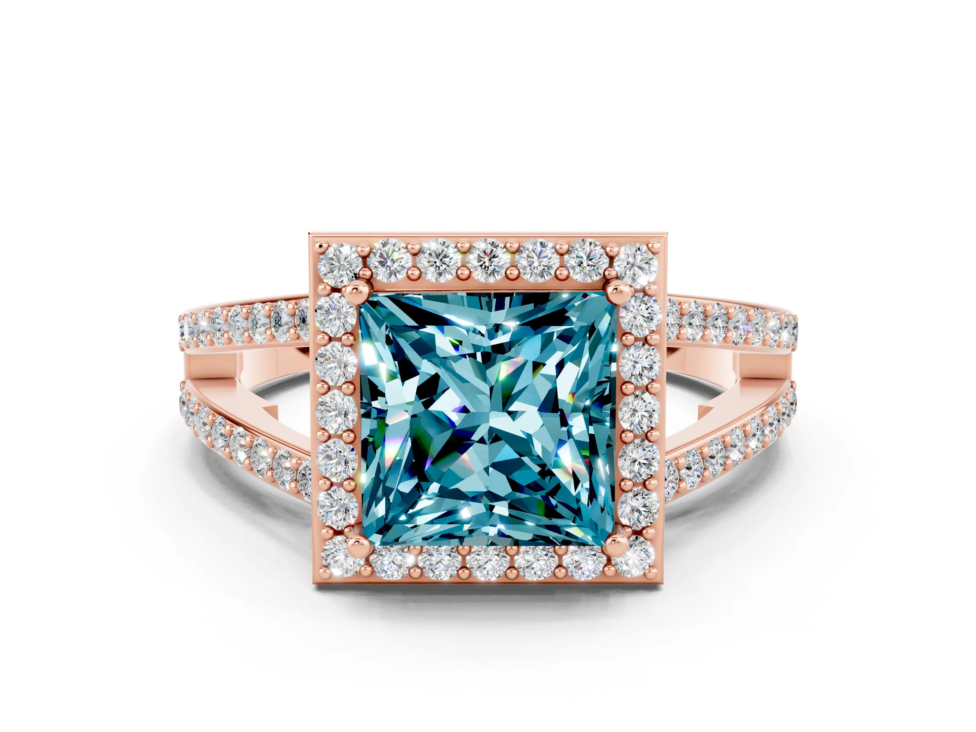 Rose gold Princess Cut Blue Topaz Halo Ring with Split Shank U-Prong Band and Four-Prong Setting