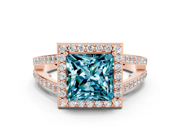 Rose gold Princess Cut Blue Topaz Halo Ring with Split Shank U-Prong Band and Four-Prong Setting