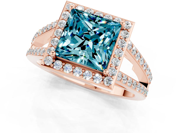 Rose gold Princess Cut Blue Topaz Halo Ring with Split Shank U-Prong Band and Four-Prong Setting