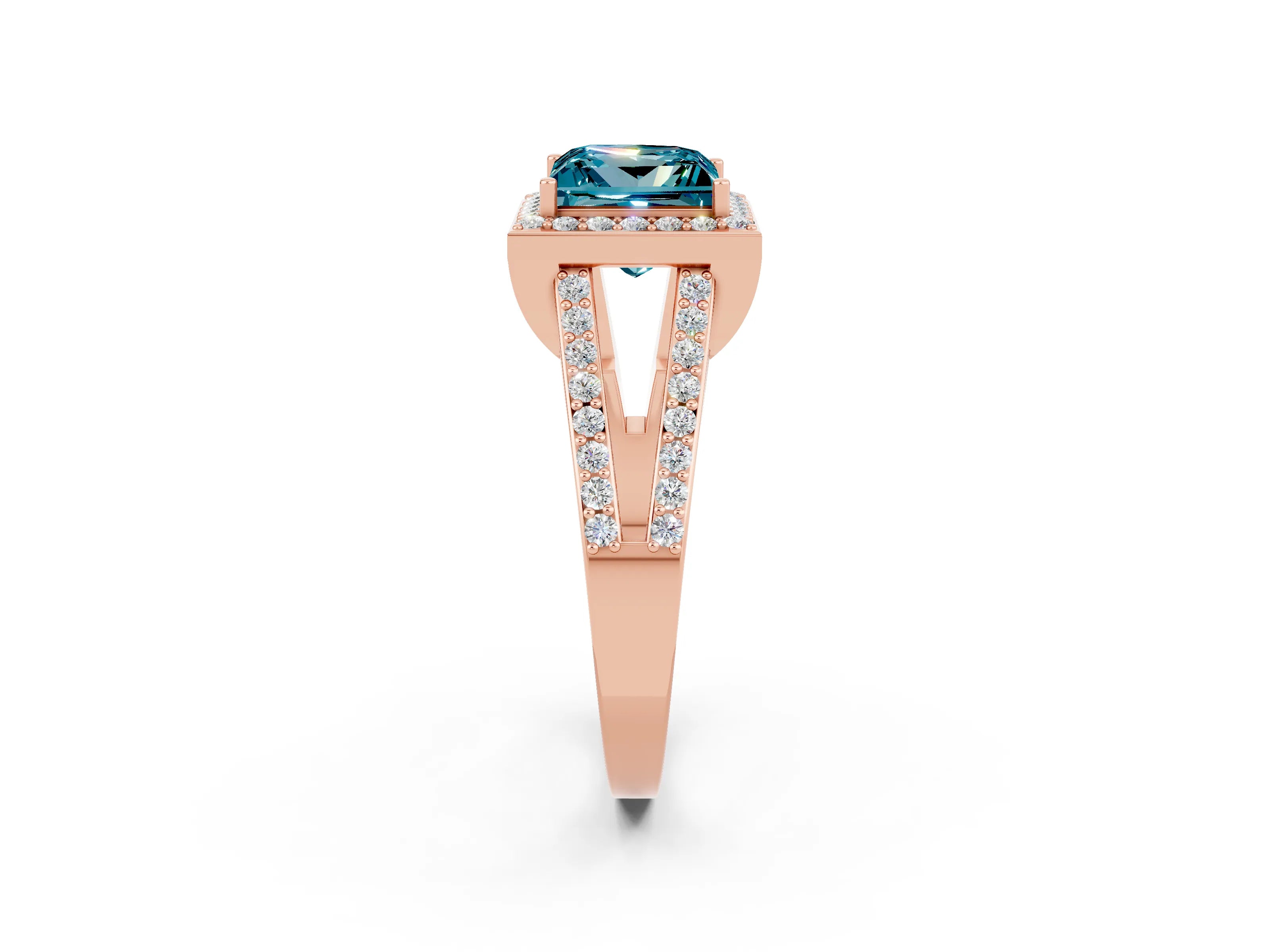 Rose gold Princess Cut Blue Topaz Halo Ring with Split Shank U-Prong Band and Four-Prong Setting_2