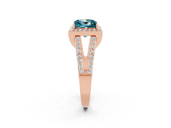 Rose gold Princess Cut Blue Topaz Halo Ring with Split Shank U-Prong Band and Four-Prong Setting