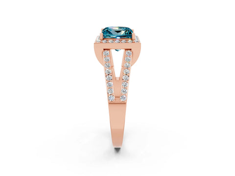 Rose gold Princess Cut Blue Topaz Halo Ring with Split Shank U-Prong Band and Four-Prong Setting_2