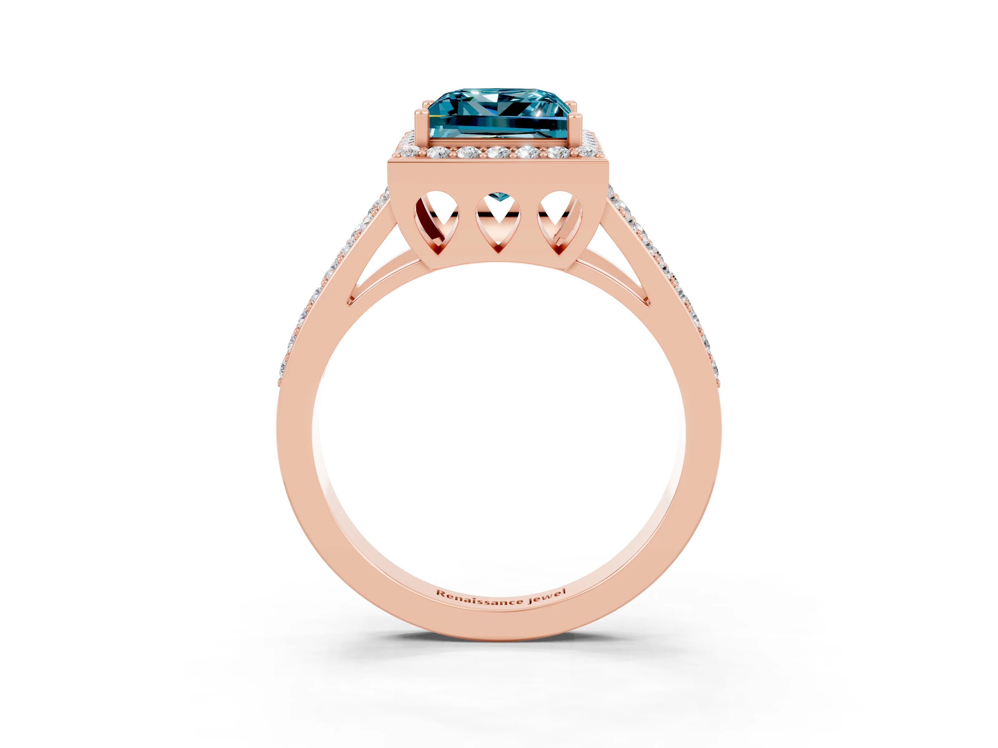 Rose gold Princess Cut Blue Topaz Halo Ring with Split Shank U-Prong Band and Four-Prong Setting_3