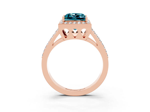 Rose gold Princess Cut Blue Topaz Halo Ring with Split Shank U-Prong Band and Four-Prong Setting