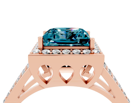 Rose gold Princess Cut Blue Topaz Halo Ring with Split Shank U-Prong Band and Four-Prong Setting_4