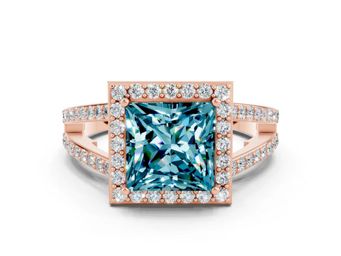 Rose gold Princess Cut Blue Topaz Halo Ring with Split Shank U-Prong Band and Four-Prong Setting
