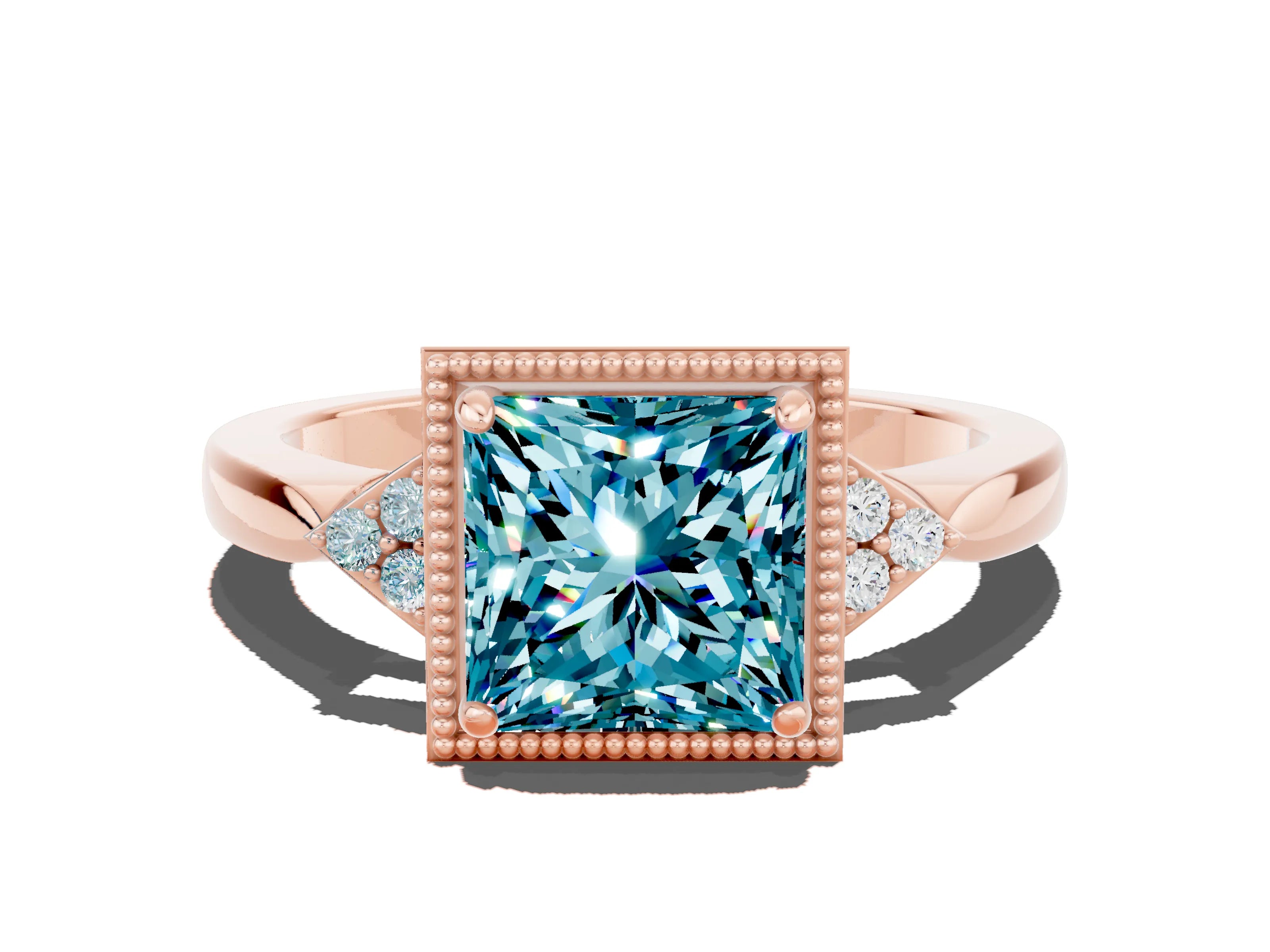 Rose gold Princess Cut Blue Topaz Halo Ring with Tapered Band and Four-Prong Setting