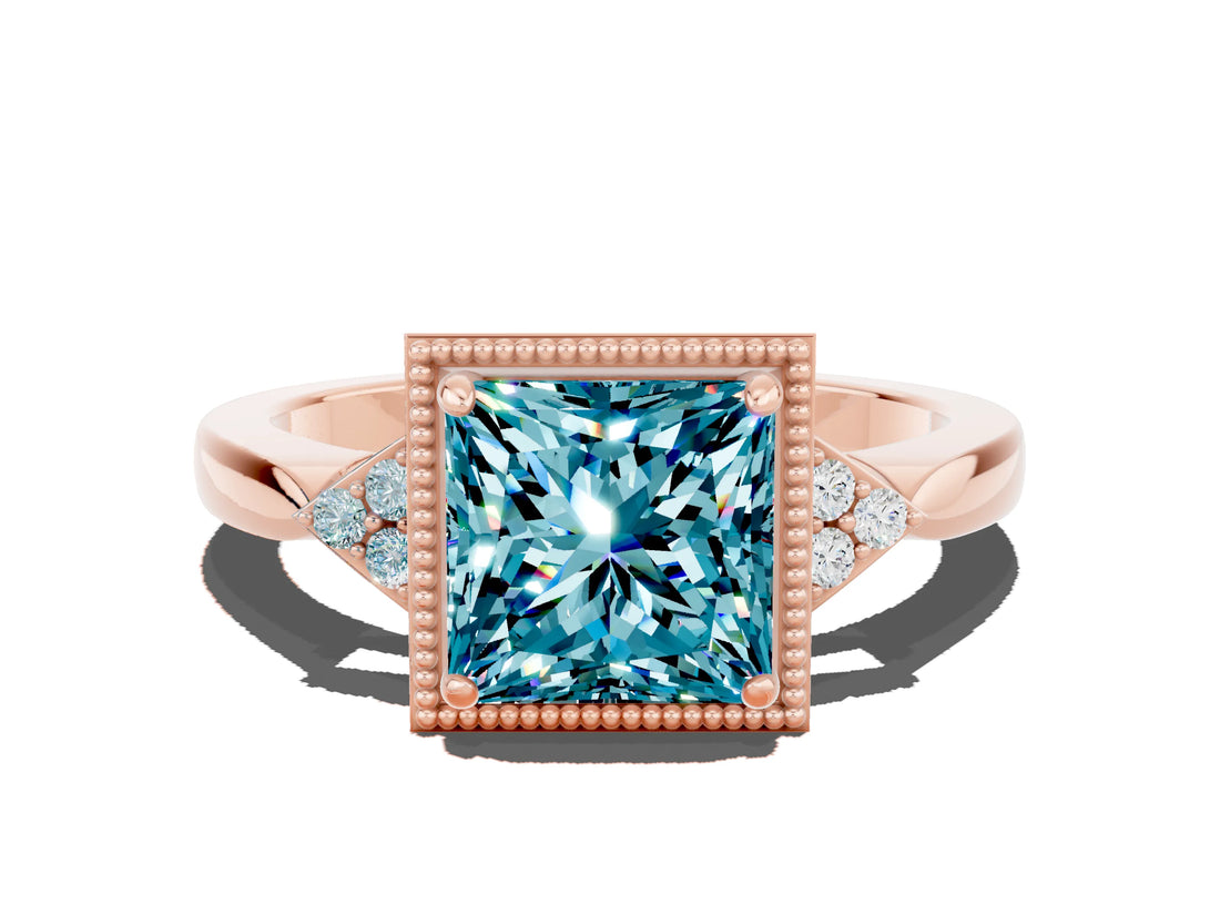 Rose gold Princess Cut Blue Topaz Halo Ring with Tapered Band and Four-Prong Setting
