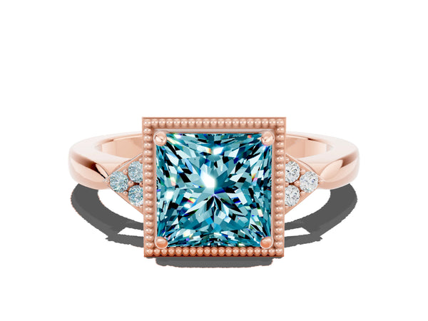Rose gold Princess Cut Blue Topaz Halo Ring with Tapered Band and Four-Prong Setting